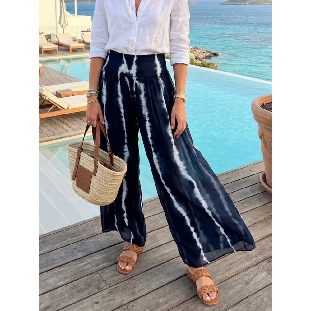 Boston Proper Blue Tie Dye Wide Leg Palazzo Pant L Boho Coastal Resortwear FLAW